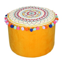 [S-V25067500GI] Pouff in velluto giallo arancione con pompon - Dimensioni: 40x30 cm