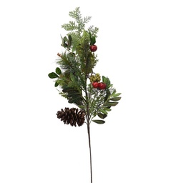 [S-V6109510000] Ramo decorativo con pigna, foglie e bacche rosso 24x73 cm