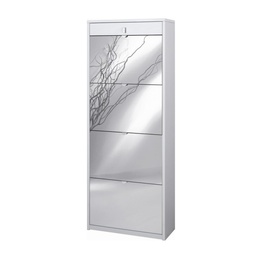 [S-ASK568BFSPK] Scarpiera con 4 ante a specchio e cassetto superiore, Bianco Cenere, 63x29x164 cm
