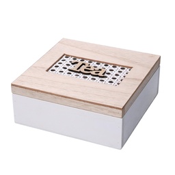 [S-V5959780000] Scatola portathe legno 4 scomparti bianco quadro cm18x18h7