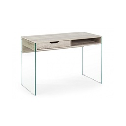 [S-B0740140] Scrivania di design in legno naturale con cassetto e gambe in vetro 110x55x76 cm