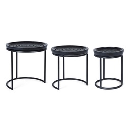 [S-B0746661] Set 3 Tavolini Kirtan Design Nero - Struttura Acciaio Verniciata a Polvere - Piano in Legno di Mango