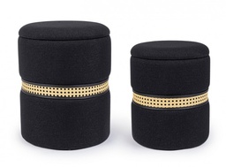[S-B0720692] Set2 Pouf Contenitore Karina Nero - Pouf con Contenitore in Similpelle e Rattan Sintetico - Dimensioni: G: 36 cm x 44 cm, P: 31,5 cm x 40 cm