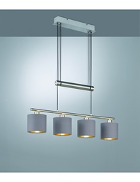 [S-TRIO305400441] Sospensione Nichel 4 Paralumi Tessuto Tortora-Oro L77 cm