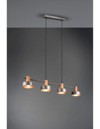 [S-TRIO309500467] Sospensione Gaya 4xE14 Nichel Antico E Legno L90 cm Trio Lighting