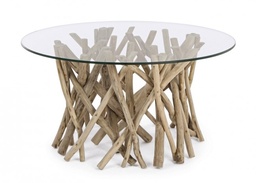[S-B0680413] Tavolino Samira D80 in Teak e Vetro Temperato