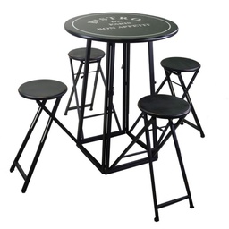 [S-V6453750000] Tavolino Bistro Metallo 4 Sgabelli Nero Tondo Pieghevoli Salvaspazio 78x102 cm