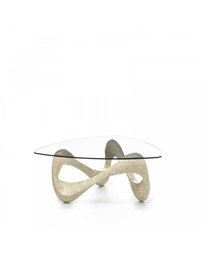 [S-FS/011/BFMS/T] Tavolino trasparente-beige in vetro temperato e pietra fossile, 100x100x42.5 cm