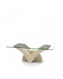 [S-FS/035/M/T] Tavolino trasparente-beige in vetro temperato e pietra fossile, 70x120x40 cm