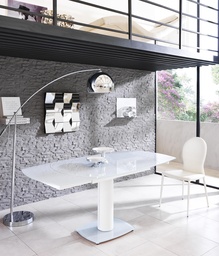 [S-OM/148/B] Tavolo allungabile in vetro temperato bianco, gambe in metallo, 90x120-180x76 cm