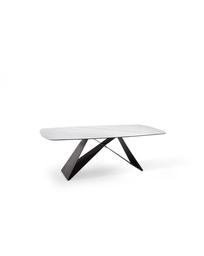 [S-OM/398/MC] Tavolo fisso in ceramica calacatta e gambe in metallo marrone, 220x110x76 cm