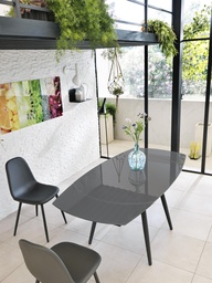 [S-OM/204/G] Tavolo allungabile in vetro temperato con top grigio, gambe in metallo, 120/180x90x76 cm
