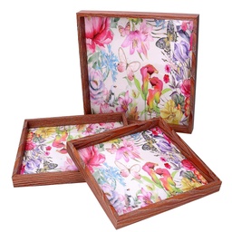 [S-V5925360000] Vassoio legno con 1-3 fiori rosa bordo marrone cm30x30h3,3