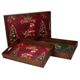 [S-V6337110000] Vassoio in legno rettangolare rosso verde con scritta Merry Christmas - 45x30x4,5 cm