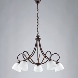 [SA-BL217-5-RG] Lampadario Nero Ruggine Cinque Luci Paralumi Vetro Alabastro Bianchi 69x h52 cm