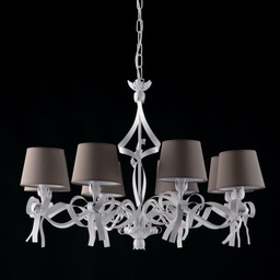 [SA-BL184-8-BCO] Lampadario Ferro Laccato Bianco con Decorazione Shabby 8 Luci Paralumi PVC Tortora 59-119x84 cm
