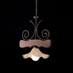 [SA-BL199-1-BR] Lampadario in Legno e Ferro Noce Antico Paralume in Vetro 43x h48 cm