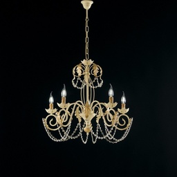 [SA-BL77-5-AV] Lampadario in ferro Avorio Decape e Oro strass damasco cinque luci 63x h65 cm