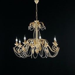 [SA-BL77-8-AV] Lampadario in ferro Avorio Decape e Oro strass damasco otto luci 90x h70 cm