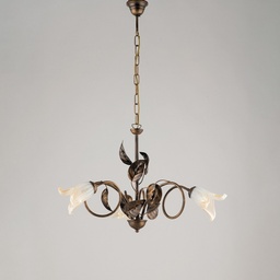 [SA-BL179-3-BR] Lampadario in ferro con vetri bianchi e ambra, tre luci, 58x h43 cm