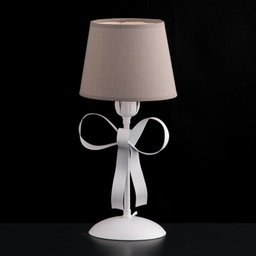 [SA-BL184-LT-BCO] Lumetto comodino in ferro laccato bianco shabby con paralume in pvc tortora - Altezza 35 Cm, Diametro 16 Cm