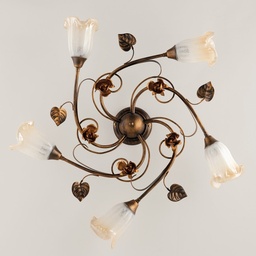 [SA-BL26-PL5-BR] Plafoniera in ferro marrone oro foglie cinque luci 70x h15 cm