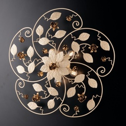 [SA-BL196-PL5-AV] Plafoniera in ferro laccato avorio con decorazione oro 5 luci - Altezza 22 Cm, Diametro 65 Cm