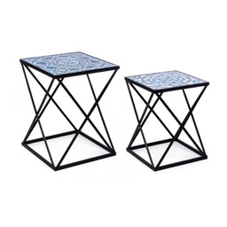 [SA-B0740317] Set 2 tavolini in acciaio con piano in mdf decorato con stampa 55h 47h cm
