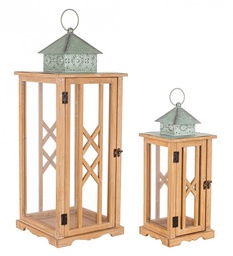 [SA-B0141223] Set di 2 Lanterne Sybil Rett Naturali-Verdi Acqua - Design Rustico e Accogliente - Dimensioni: 26x26x59 cm e 18x18x39 cm